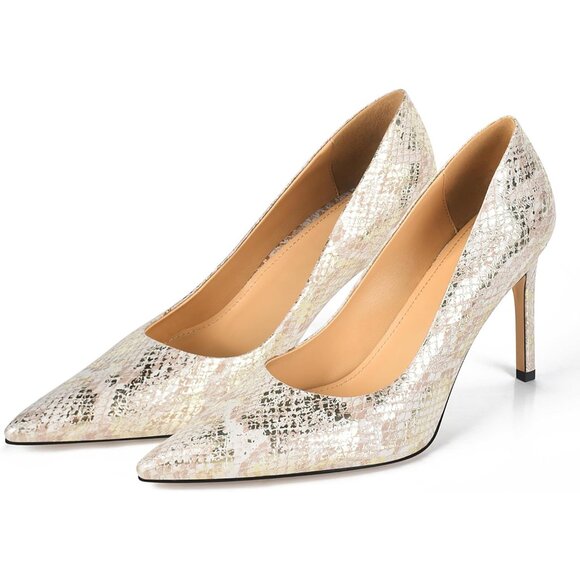 Women's Beige Gold Synthetic Snake Skin Pumps Pointed Toe Stiletto Slip On Heels - Picture 4 of 7